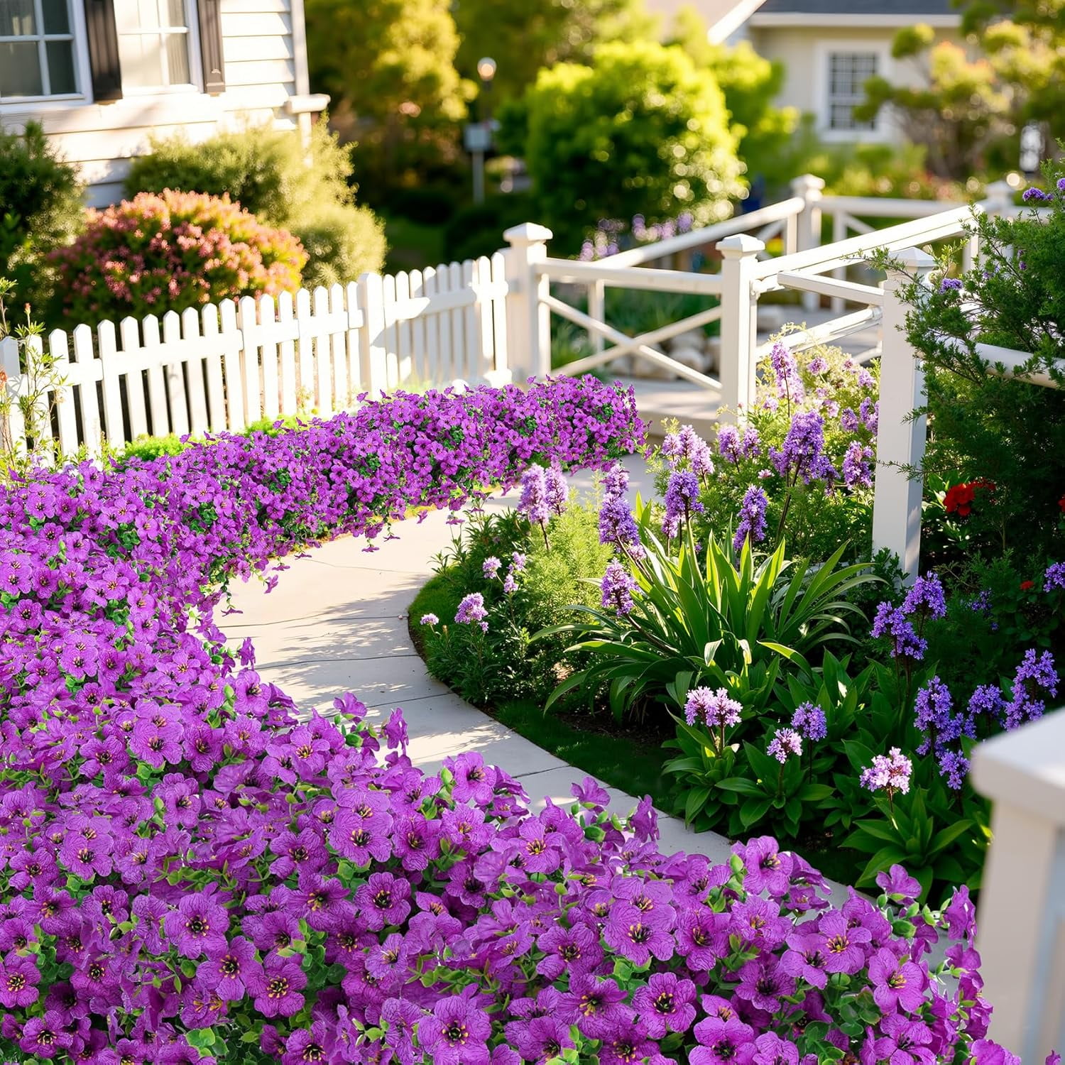 24 Bundles Artificial Flowers for Outdoors Fake Silk Flowers UV Resistant Faux Plastic Plants for Spring Summer Garden Porch Window Box Table Vase Home Indoor Outdoor Decoration, Purple