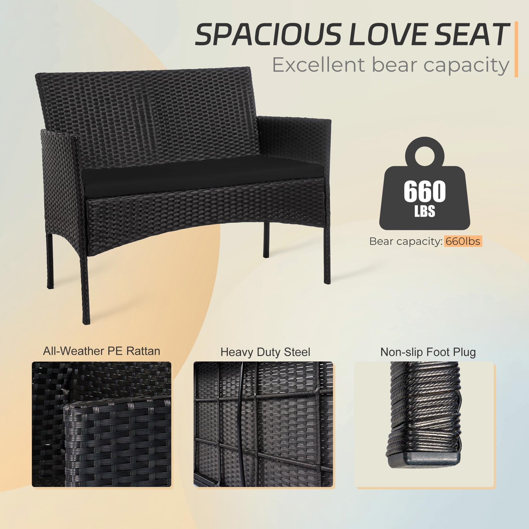 Tappio 4 Piece Patio Conversation Wicker Furniture Set, Porch Furniture Outdoor Sectional Furniture Set w/Side Table & Cushions, Wicker Sofa Garden Conversation Set for Yard Pool Backyard,Black/Black