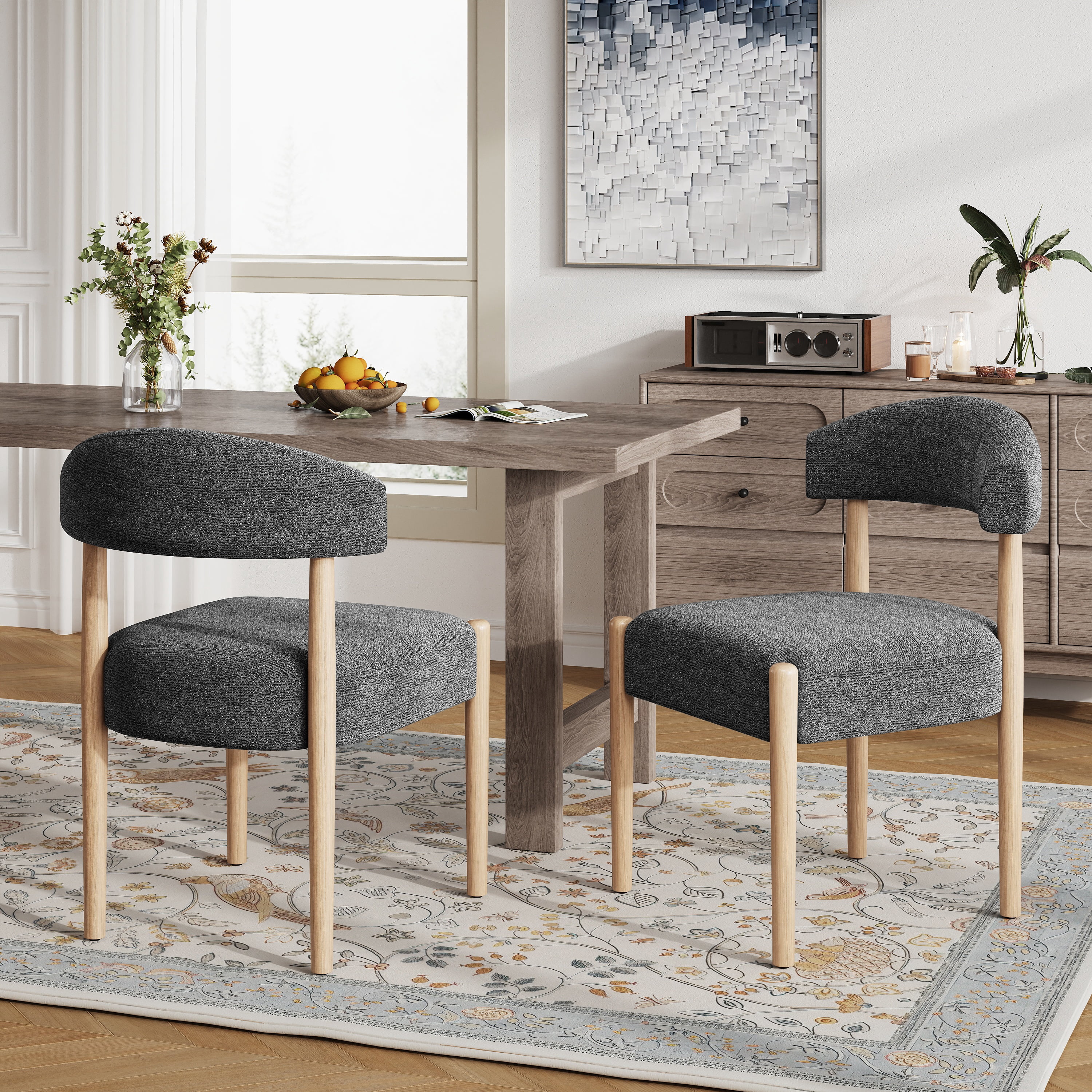 Vknow Furniture Minimalist Fabric Dining Chairs Set of 2 Solid Wood Legs Ergonomic Backrest for Dining Room Bedroom Study, Black