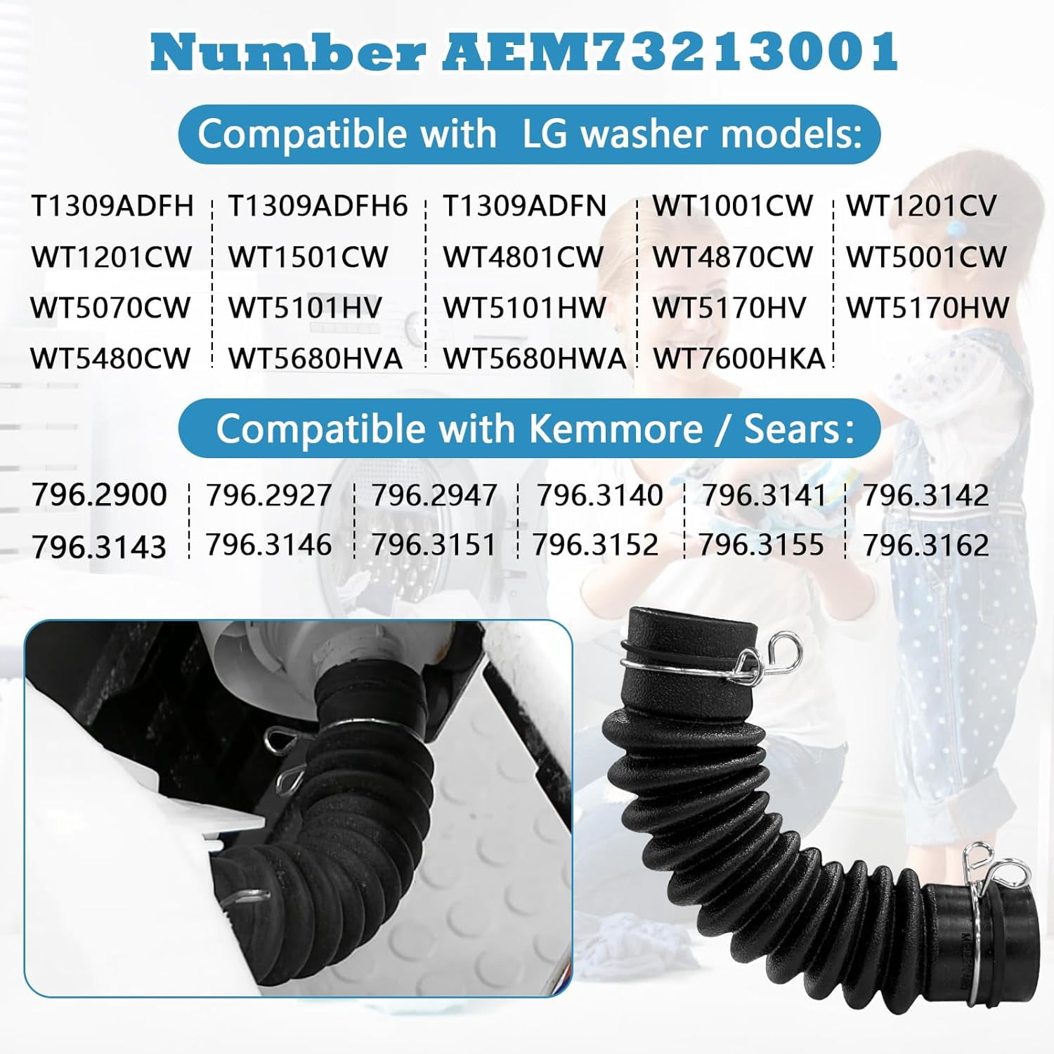 Superbobi AEM73213001 Washer Drain Hose Assembly Compatible with LG Washing Machines - Thicker Tub-to-Pump Connector with Stainless Steel Hose Clamps, Replaces 2134394