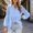 Blue, variant on Women's Shirts V Neck Long Puff Sleeve Loose Solid Blouse, Casual Boho Knit Top, Soft Flowy Shirt with Puff Sleeve Basic Tops for Woman