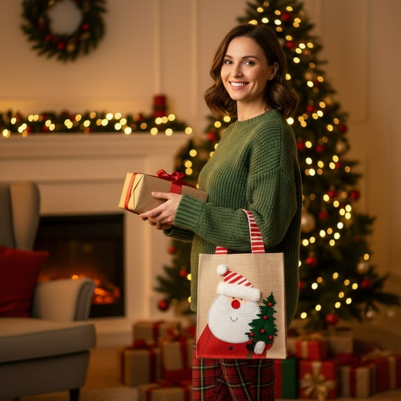 Christmas Gift Bags, Reusable Fabric Tote Bag with Snowman Print, Holiday Party Favor Bags for Candy Small Gifts, Green(Red-A)