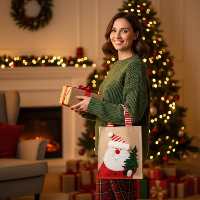 Linnome Linen Christmas Gift Bag with Snowman Design, Reusable Holiday Present Pouch for Candy and Small Gift Packaging