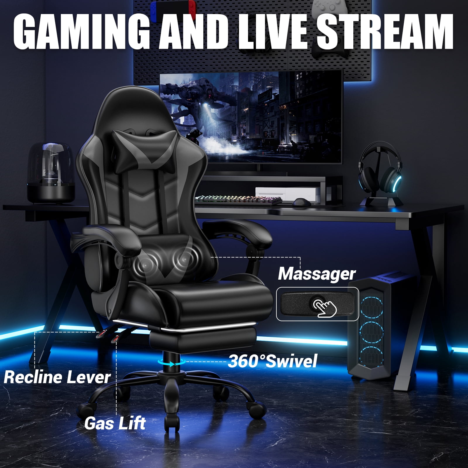 Czlolo Gaming Chair, Lumbar Massager Game Chairs, High Back Reclining, with Headrest Gamer Office Chair.(Gray)