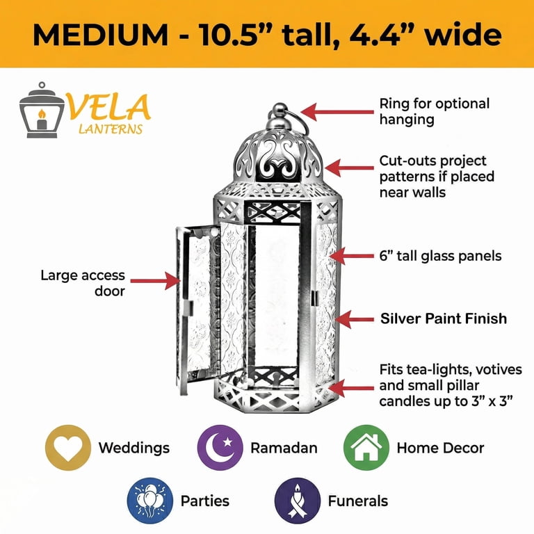 Vela Lanterns Moroccan Silver Lantern Candle Holder, 10.5" photo 5