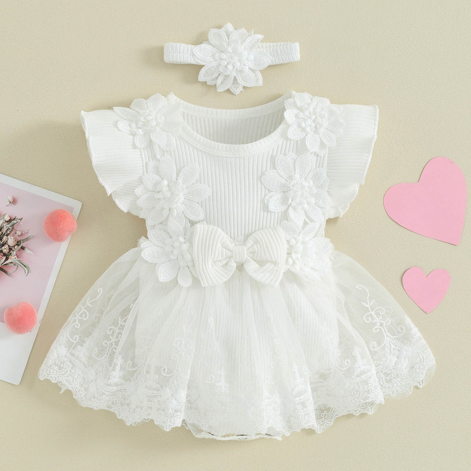 felwors Baby Girl Romper Dress Baby Dress Romper Flowers Lace Girl Spring Summer Clothes with Headband (0-3 Months, White)
