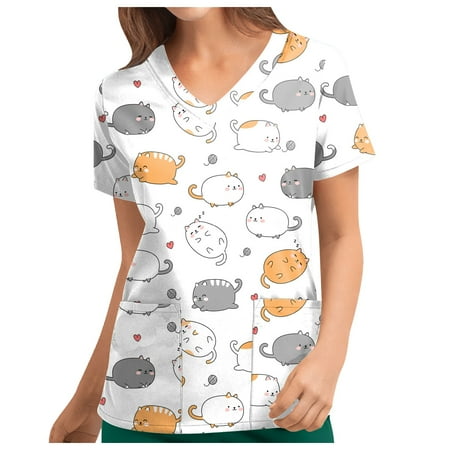 

TKing Fashion Independence Day Women Plus Size Scrubs Top V-Neck Short Sleeve Printed Pockets Work Blouse for Women Orange 3XL