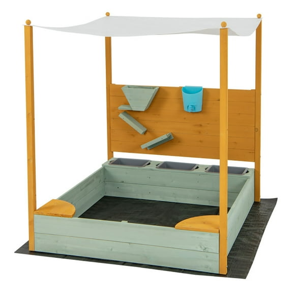 Spaco Kids Sandbox with Sand Wall w/ Removable Canopy for Kids 3-8, Kids Wooden Sandbox with Cover for Backyard Garden, Kids Outdoor Play Equipment, Green