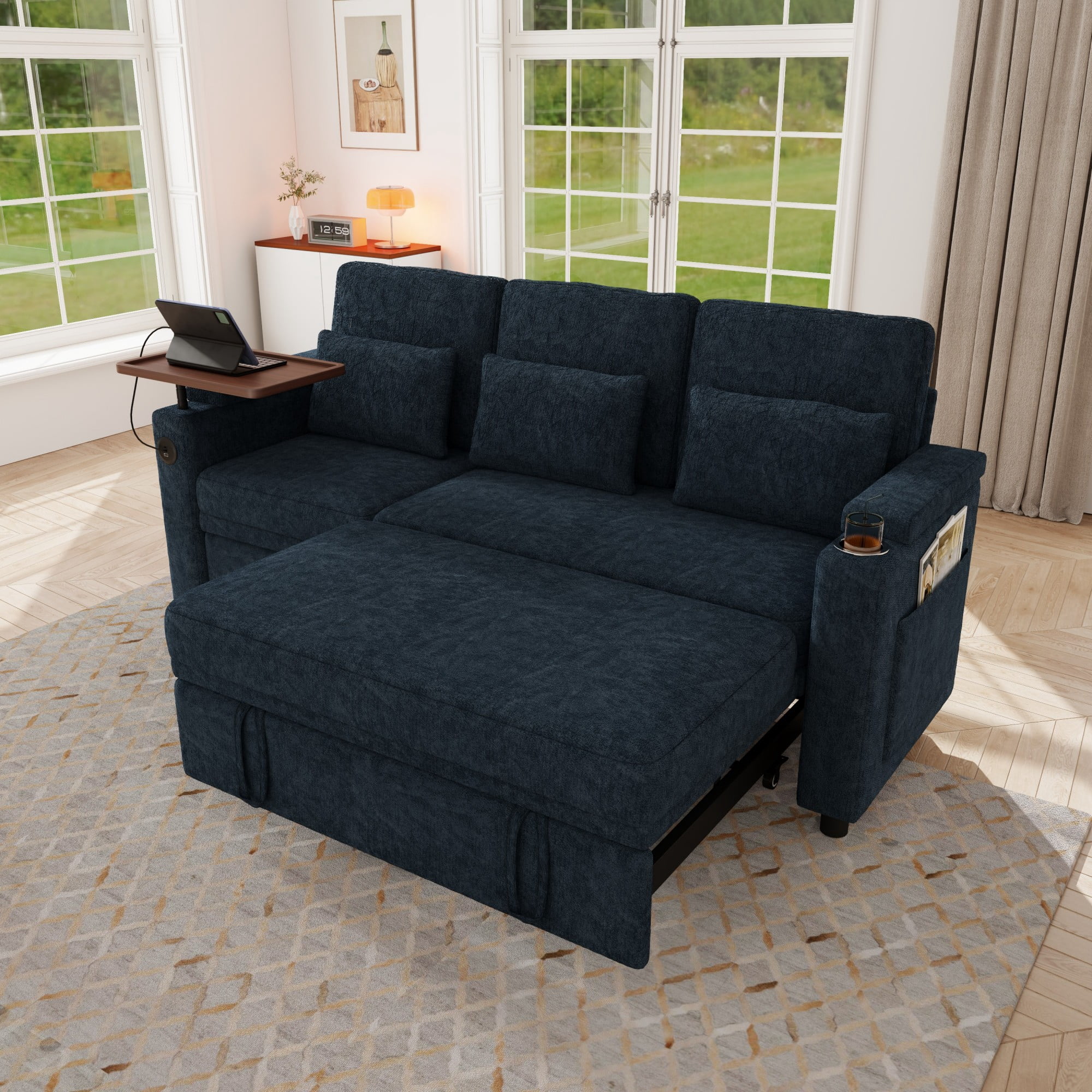 DEALTOPS 81" Chenille Pull-Out Sleeper Sofa Bed with Recliner, Tray Table, USB Ports & Storage, Blue