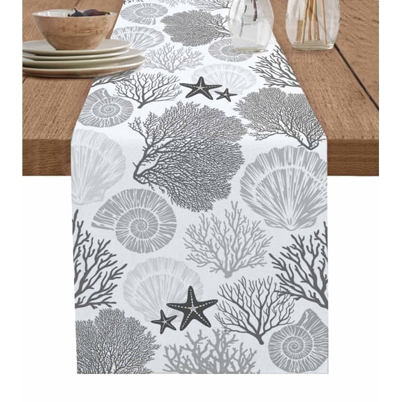 Coastal Coral Table Runners 72 Inches Long, Cotton Linen Fabric Table Runner Dresser Scarf, Grey Nautical Starfish Ocean Shell Beach Tablerunner for Party/Kitchen/Dinner/Wedding Decor 13''x72''