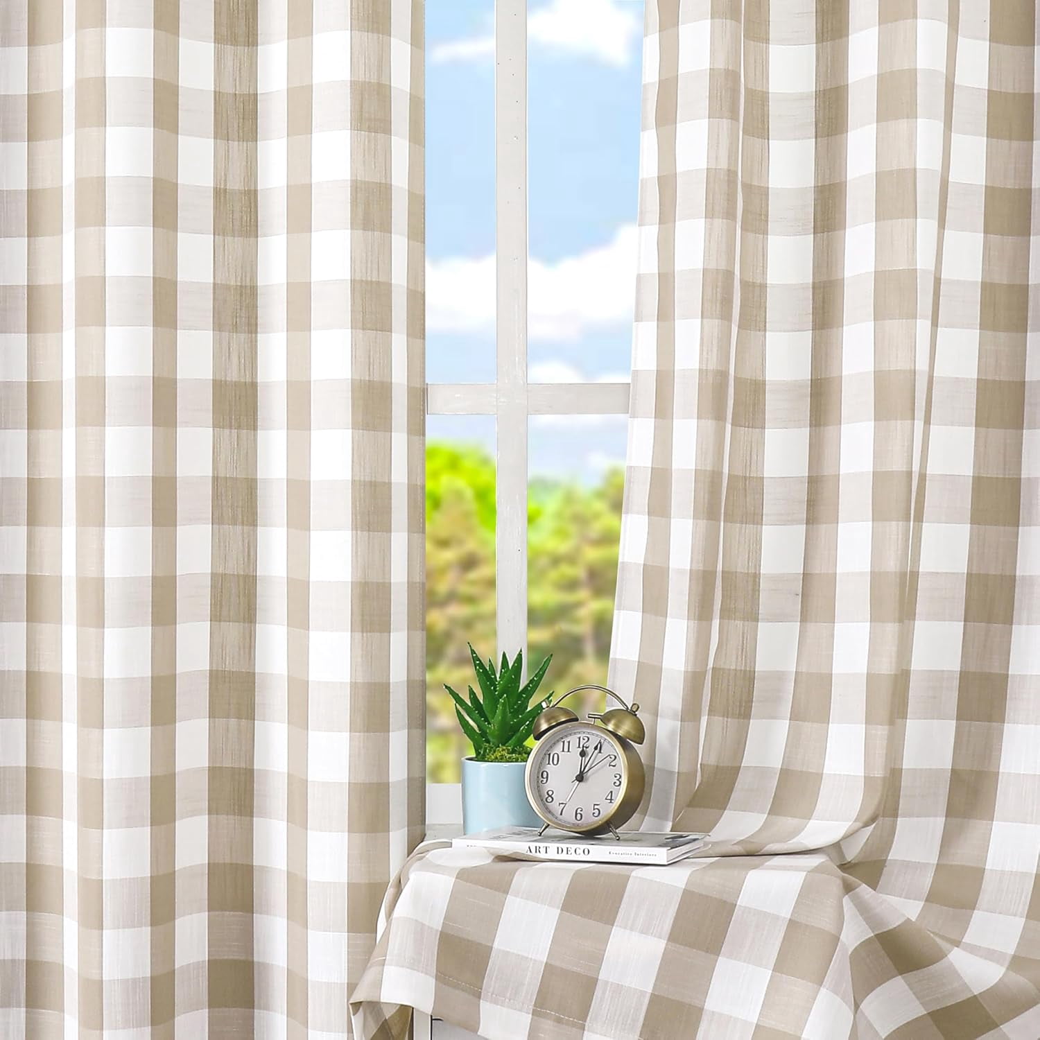 Plaid Grommet Curtains, Tan Semi-Sheer Gingham Check Farmhouse Rustic Textured Curtains Drapery for Living Room Bedroom, Linen & White 42"W x 63"L (Pack of 2)