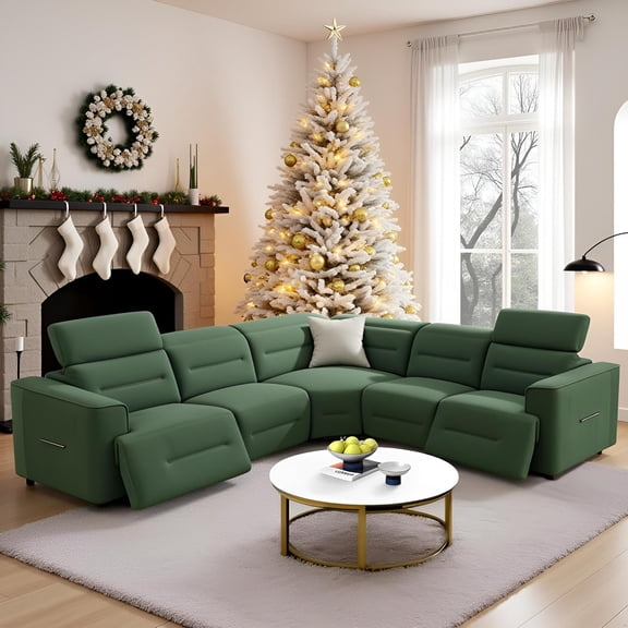 TAORUIFANG 5 Seater GREEN Power Recliner Sectional Sofa, L-Shaped Living Room Furniture Set, Flannel Sectional Sofa, Reclining Sectional Couch for Living Room/House/Apt
