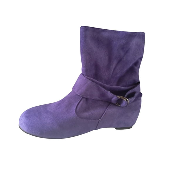 Fesfesfes Faux-Leather Boots for Women Retro Belt Buckle Shoes Casual Flat Plus Size Zipper 6(37)