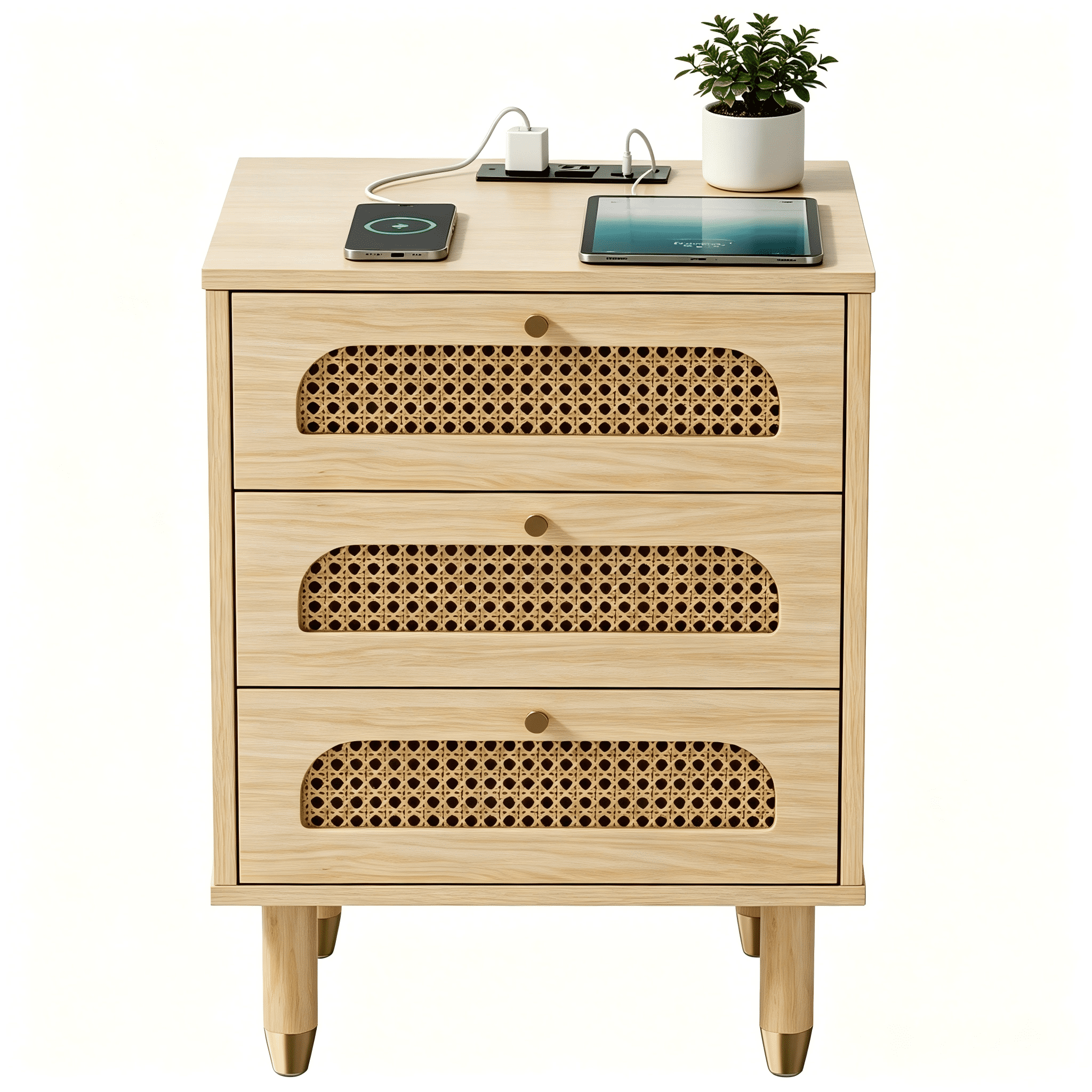 3-Drawer Rattan Nightstand, Bedside Table with Outlet & Dual USB Ports, Solid Wood Legs, Compact Storage Cabinet for Bedroom Living Room Office
