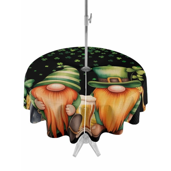 Outdoor Tablecloth with Umbrella Hole and Zipper, St. Patrick's Day Round Table Cloth 60 Inch Waterproof Tablecloth, Green Lucky Shamrocks Harp Beer Black Picnic Table Cover for Patio Camping