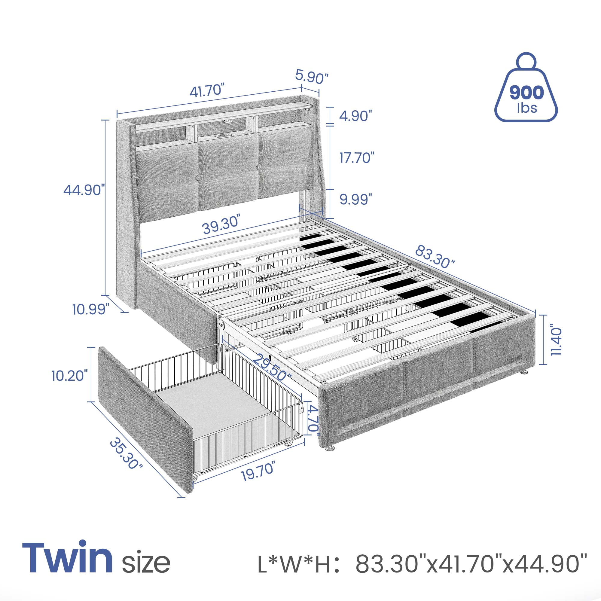 Greenstell Twin LED Storage Bed Frame - Charging Station, App Control, 900LBS Capacity, Dark Gray