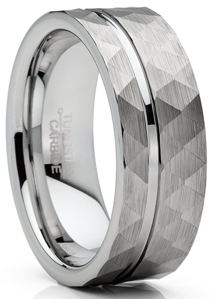 Mens Tungsten Ring Hammered Wedding Band Silvertone Comfort-fit 6MM 8MM 