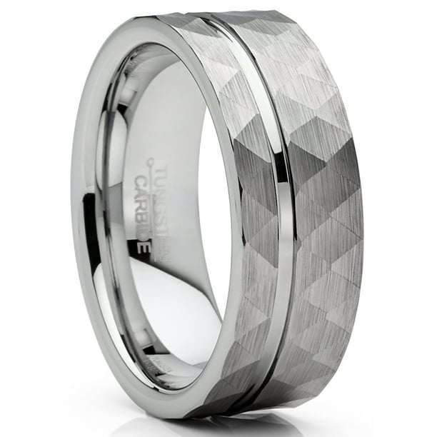 Mens Tungsten Ring Hammered Wedding Band Grooved Center Comfort fit 8MM