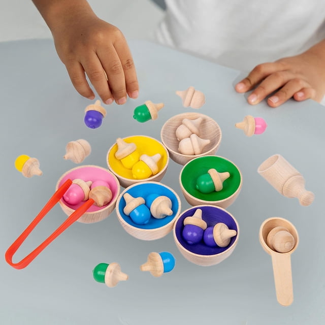 Bolas de arco iris de madera en tazas Juego de clasificador de juguetes Montessori Juego de mesa de juguete de aprendizaje preescolar y cuchara de CUTICAT Bolas en Copas