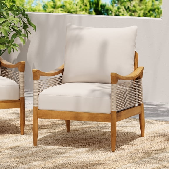 Christopher Knight Home Boho Outdoor Rope Lounge Chair with Thick Cushion, Solid Wood, Teak Beige