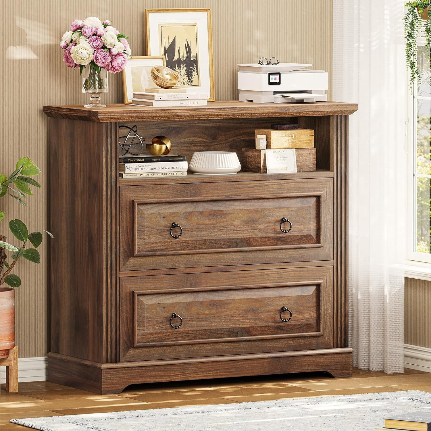 2 Drawer File Cabinet, Farmhouse Filing Cabinet for Home Office Fits Letter, Legal, A4 Size, Wood Lateral File Cabinet with Printer Stand, Storage Shelf, Brown