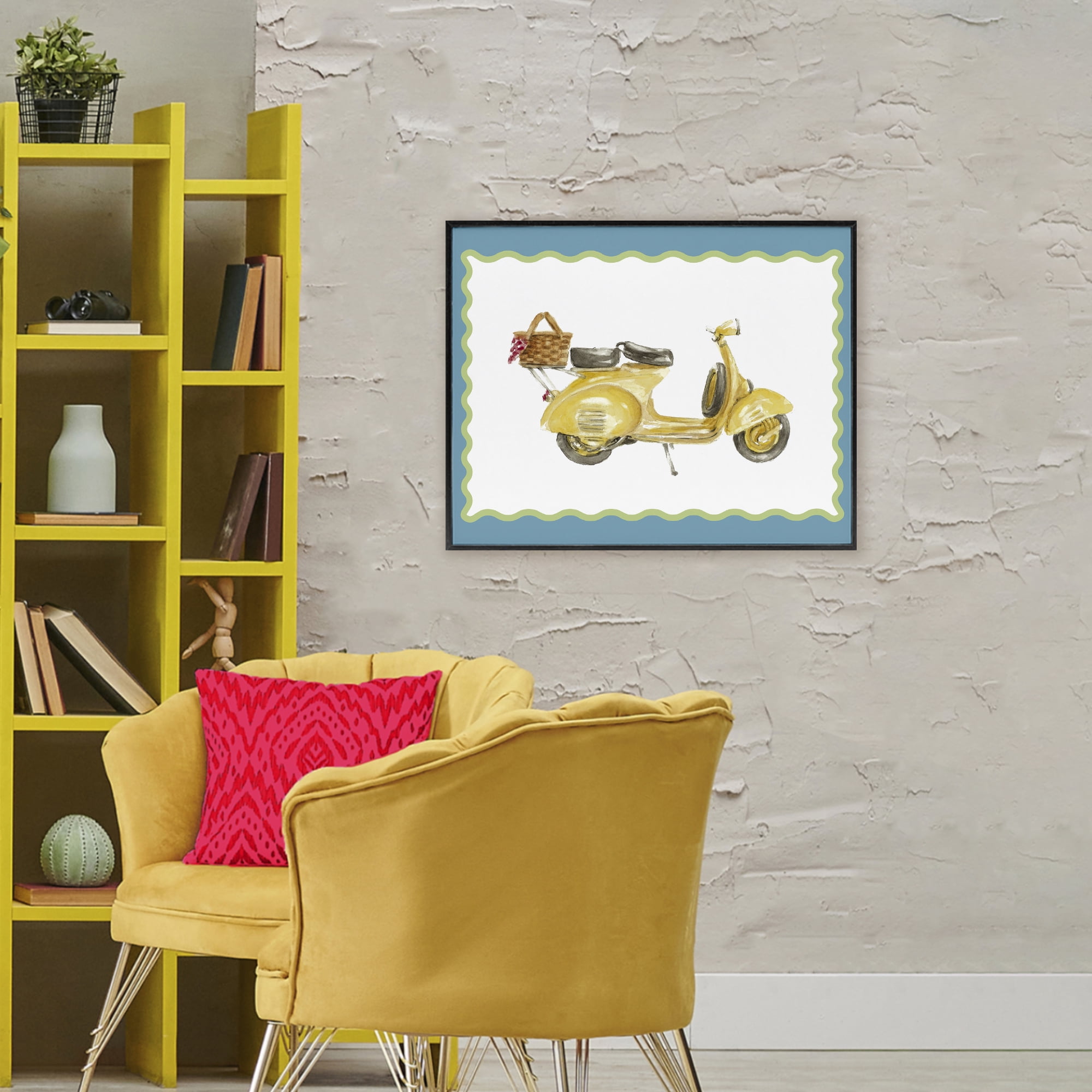 Stupell Industries Yellow Vespa with Wavy Border Black Framed Giclee Art, design by Lanie Loreth