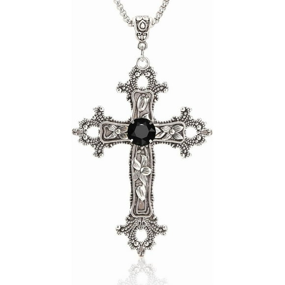 Gothic Cross Necklace Silver-Tone Pendant with Glass Stone, on 25” Steel Chain, Cross Necklace for Women, Large Goth Silver Cross Necklaces for Man, Big y2k Necklaces, Halloween Jewelry