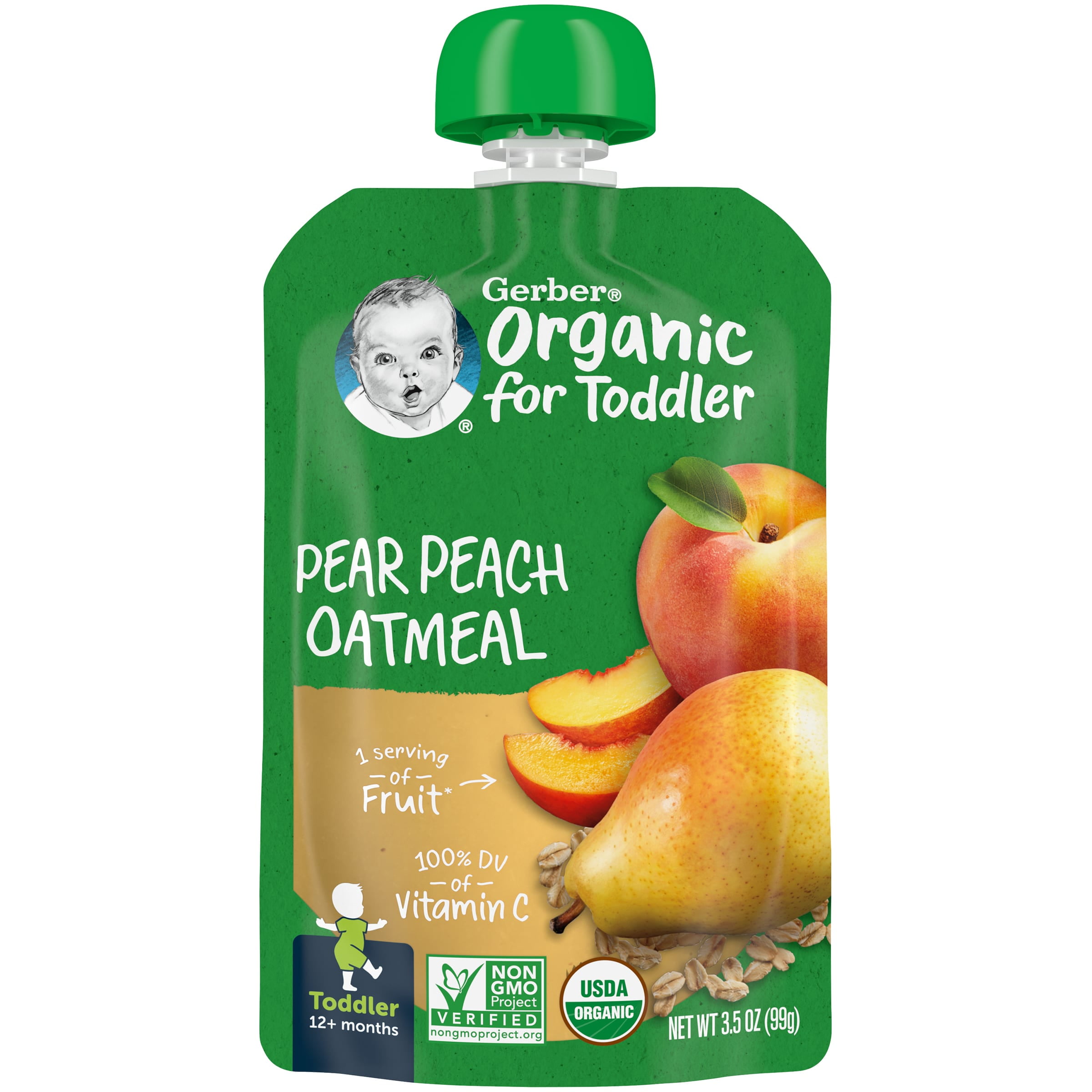 Gerber Organic Pear Peach Oatmeal Baby Food, 3.5 Oz Pouch