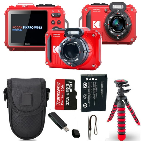 Kodak PIXPRO WPZ2 Digital Camera (Red)   Spider Tripod   Case - 32GB Kit (International Version)