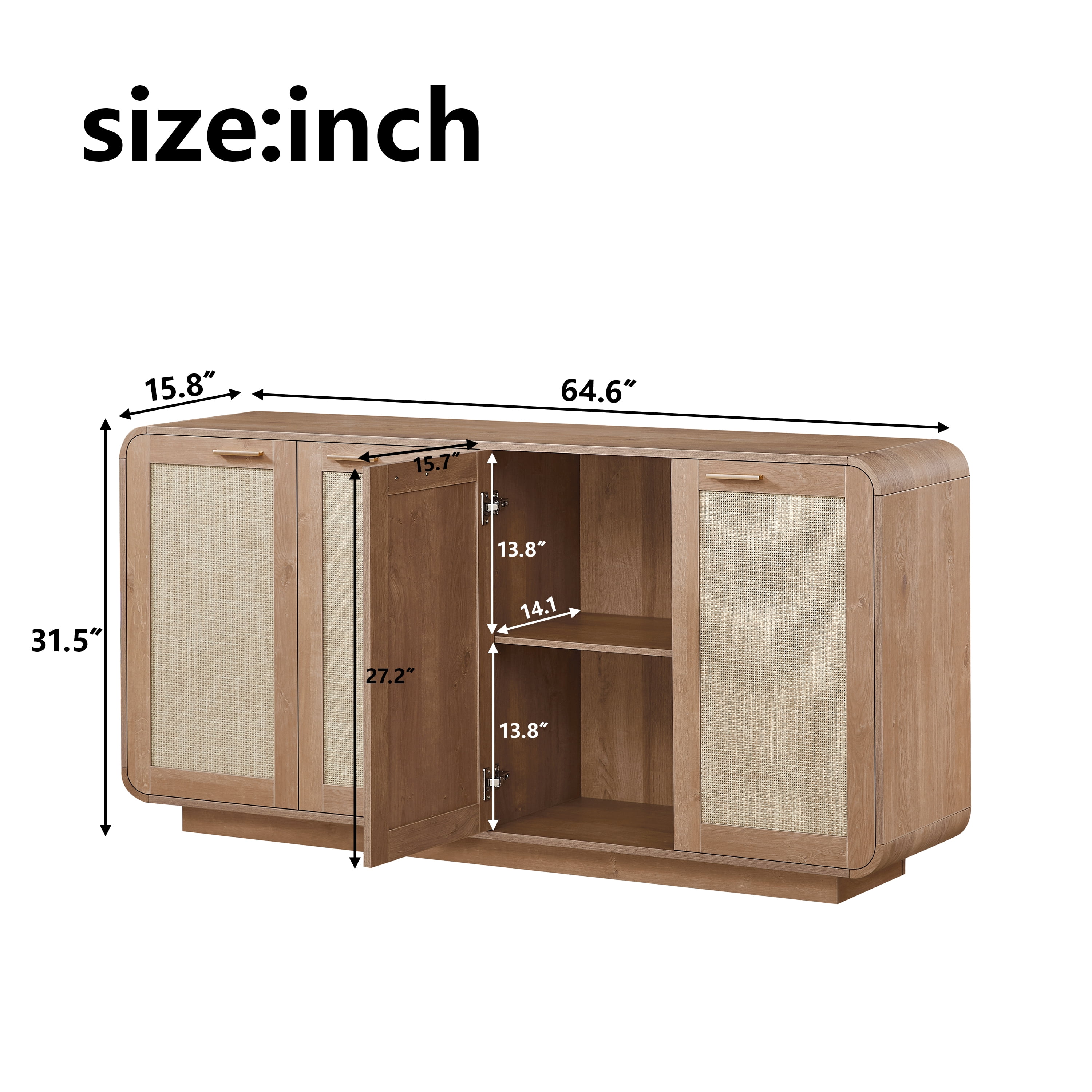 Rattan Storage Sideboard Buffet Cabinet with 4 Doors, Integrated Sturdy Base, Perfect for Living Room, Kitchen and Dining Room,Caramel