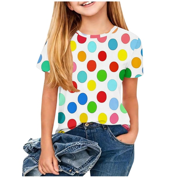 Manga Corta Crop Top para Niños Grandes con Juguetón Colorido Polka Impresión, Tela Suave Transpirable, Cuello de Tripulación Clásico, Costura Reforzada, Disponible en Tamaños de Niños Grandes