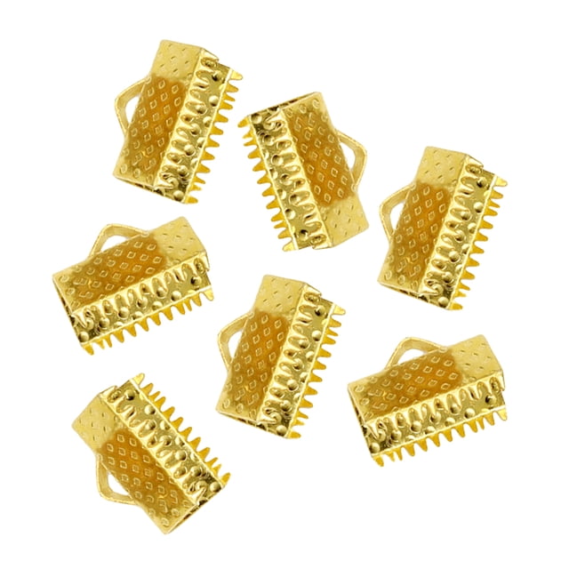 100PCS 2.5CM Plated Ribbon Ends Metal Fastener Clasps Textured Crimp End Clamps Cord Ends Buckles Zipper Clips DIY Jewelry Accessories (Golden)