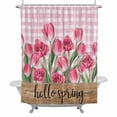 thumbnail image 2 of Pink Tulip Flower Shower Curtain for Bathroom Decor, Hello Spring Floral Buffalo Plaid Wood Waterproof Fabric Shower Curtain, 60"x72" Set with 12 Hooks, 2 of 9