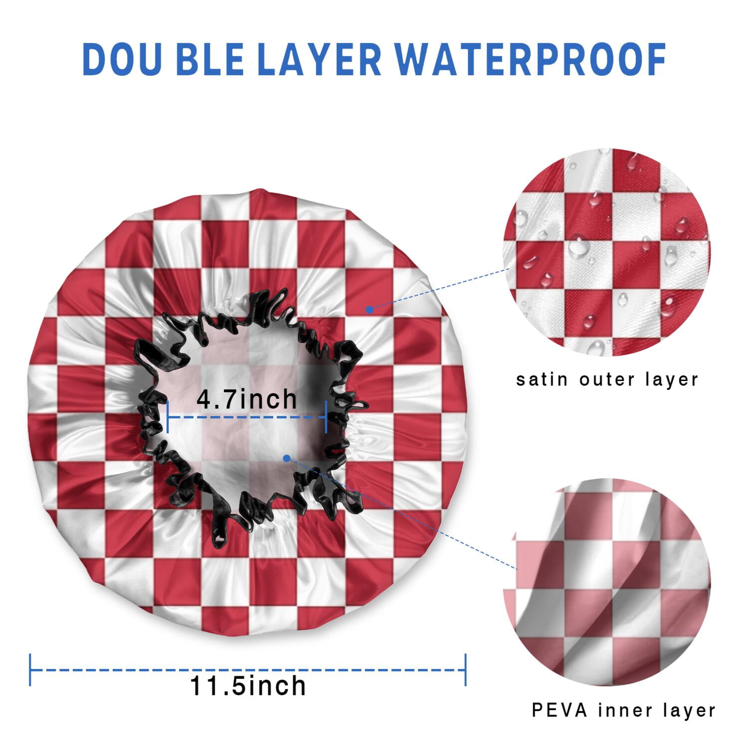 Shower Caps,Red and White Checkered Pattern Waterproof Shower Cap for Women 4 Pieces,Double Reusable Hair Cover for Shower PEVA Elastic Stretch Hem