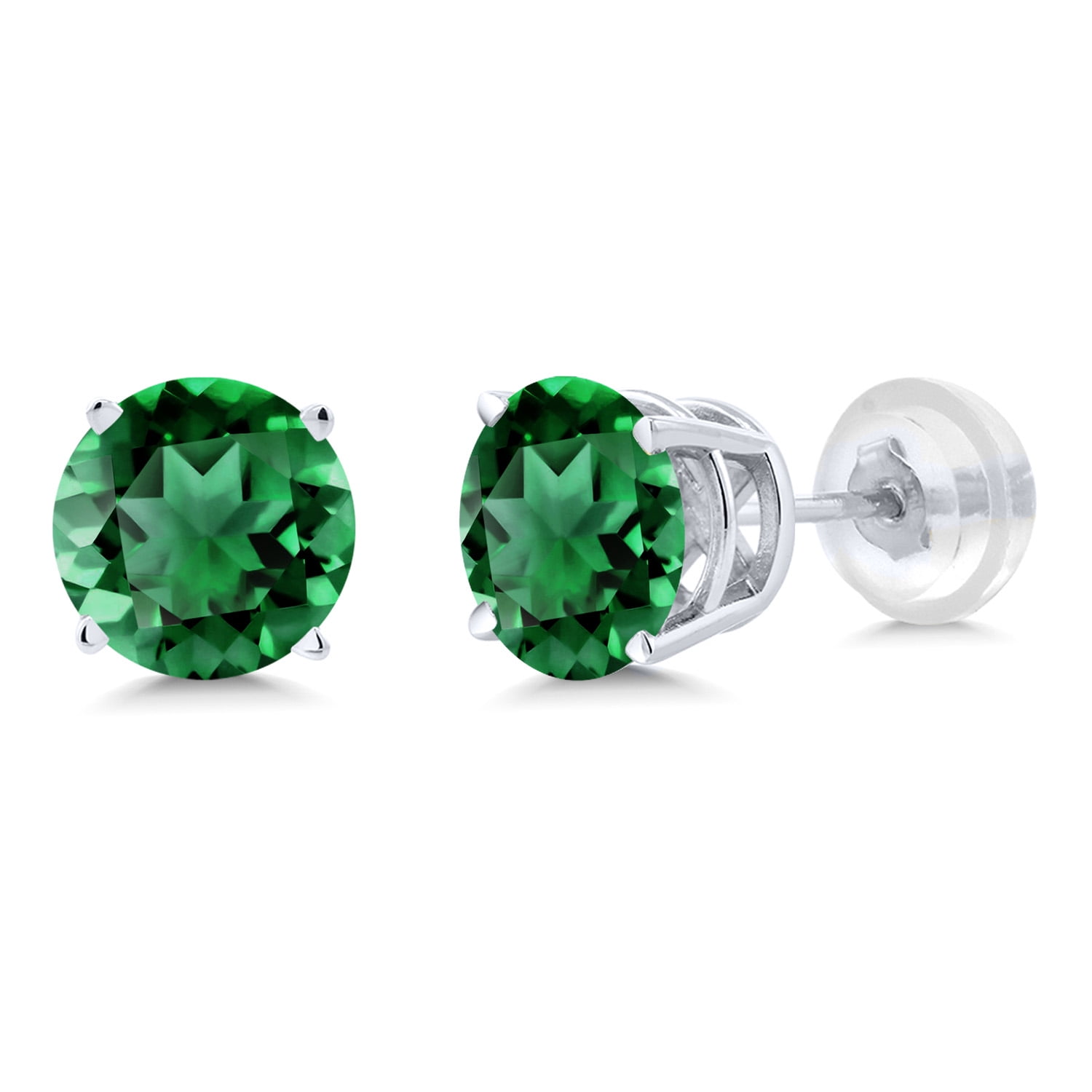 Gem Stone King 0.80 Ct Round 4.5mm Green Simulated Emerald 14K White Gold Stud Earrings for Women Men