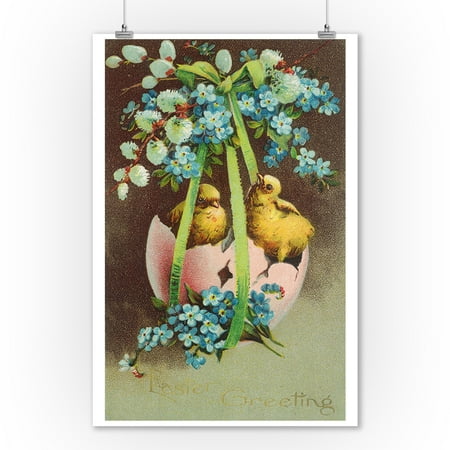 Little Egg Wall Art Easter Greetings Scene of Baby Chicks in Broken Egg Shell (9x12 Art Print, Wall Decor Travel Poster) ()