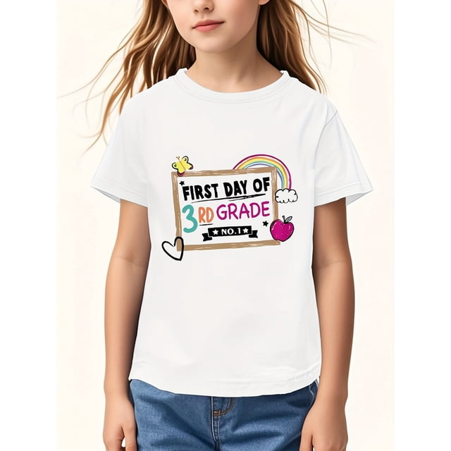 Spring-Summer Girls' Round Neck Short Sleeve Fashion T-Shirt for Back-to-School Season! Rainbow, Apple Elements with "FIRST OF 3RD GRADE" Letter Print Comfort Stretch Fabric Top