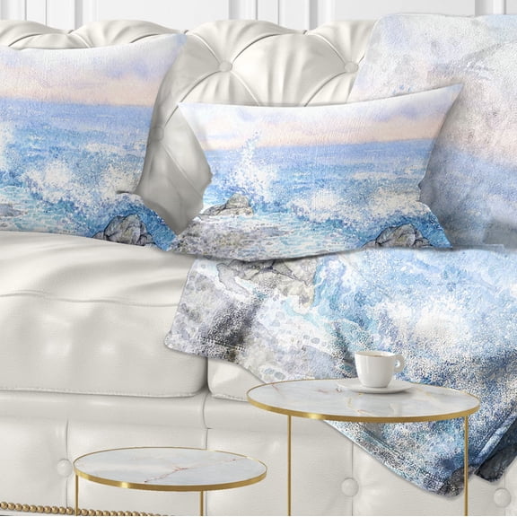 Designart Blue Watercolor Waters - Seascape Throw Pillow - 12x20