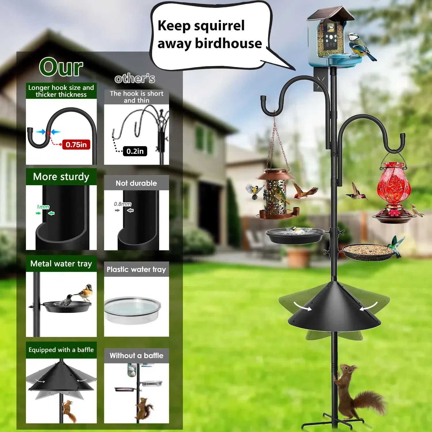 Teblint 92" Bird Feeding Station, Heavy Duty Bird Feeder Pole Bird House Stand Mount Kit w/ Squirrel Proof Baffle 2 Shepherds Hooks, Adjustable Feeder Stand for Outdoor Wild Birds Watching
