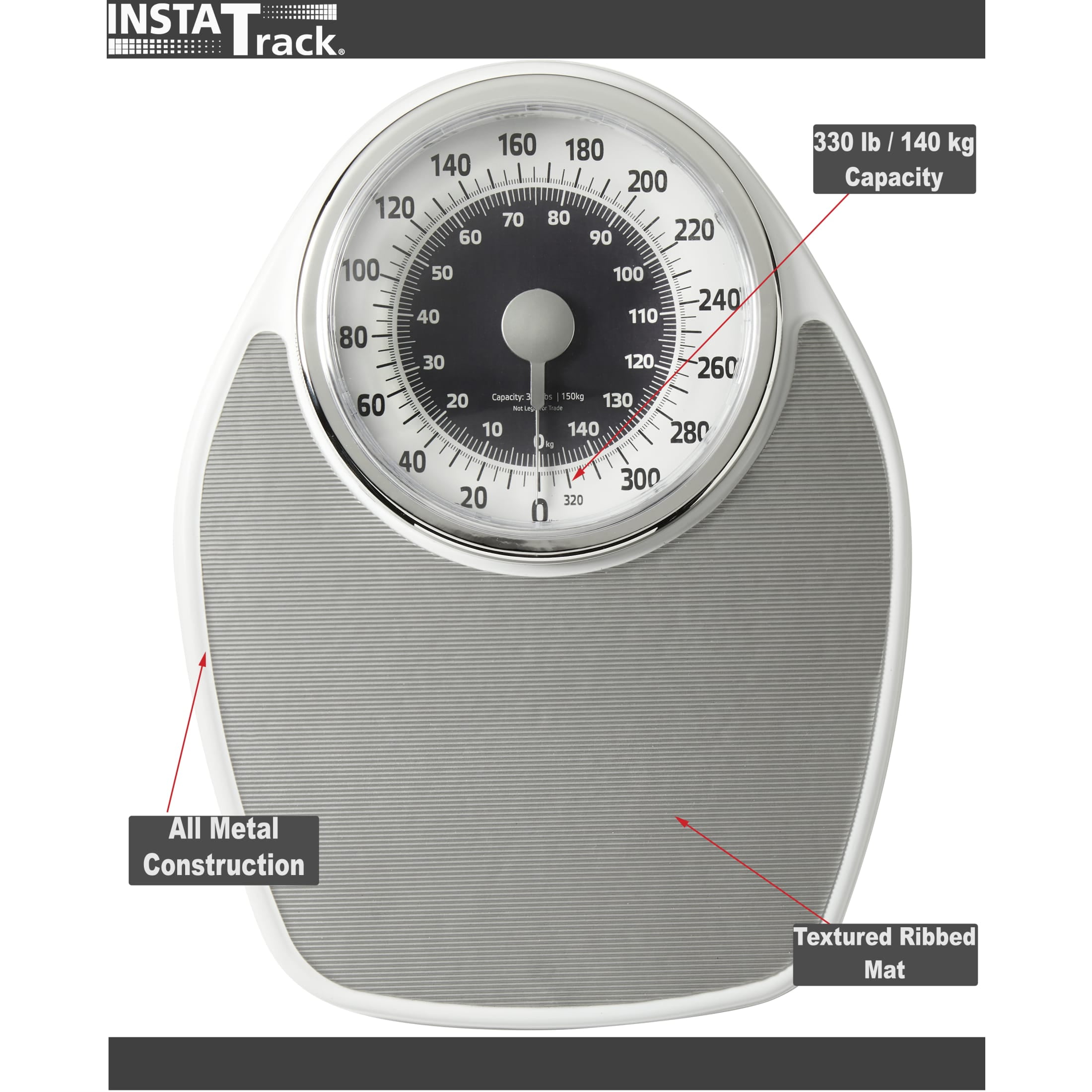 InstaTrack Large Dial Metal Analog Bathroom Scale with Silver Mat, Accurate Measurements up to 330 Pounds, Battery Free