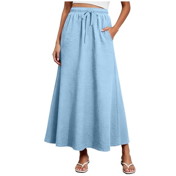 GUACER Maxi Skirt for Women A-Line Elastic Drawstring High Waist Flowy Long Skirt with Pockets Casual Beach Vacation
