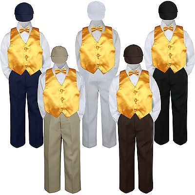 

5pc Boys Suit Set Yellow Vest Bow Tie Baby Toddlers Kids Formal Hat Pants S-7