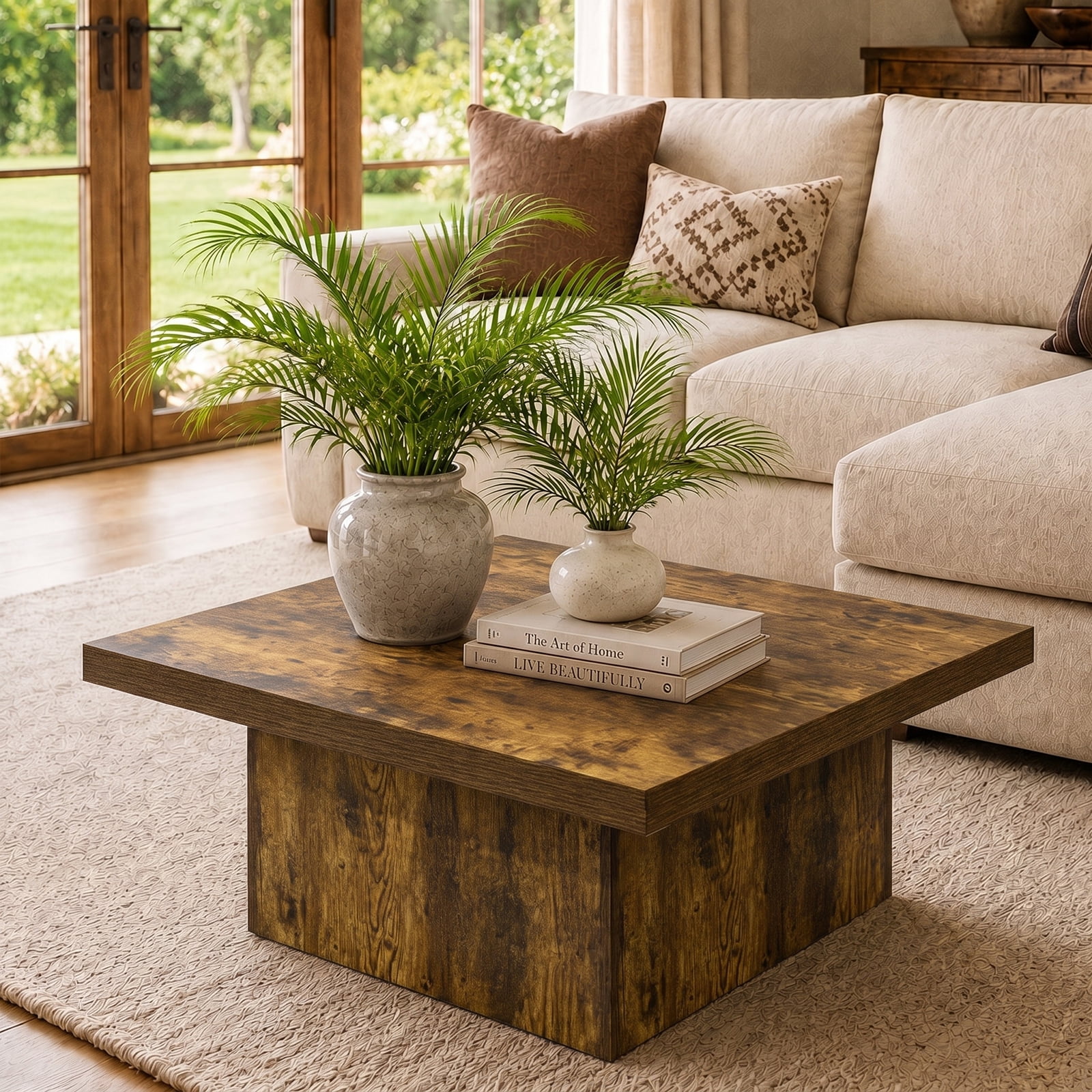 Gasee 35.43" Low Square Coffee Table, Farmhouse Large Tea Accent Table Center Table for Living Room(Rustic)