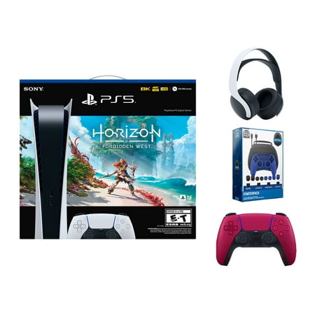 Sony Playstation 5 Digital Edition Horizon Forbidden West Bundle with Extra Red Controller, White PULSE 3D Wireless Headset and Surge Pro Gamer Starter Pack 11-Piece Accessory Kit