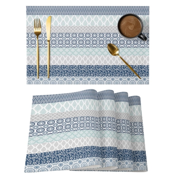 Geometric Bohemia Placemats Set of 1, Stripes Gray White and Blue Non-Slip Place Mats Washable Table Mats for Kitchen Dining Table Decorations Indoor/Outdoor