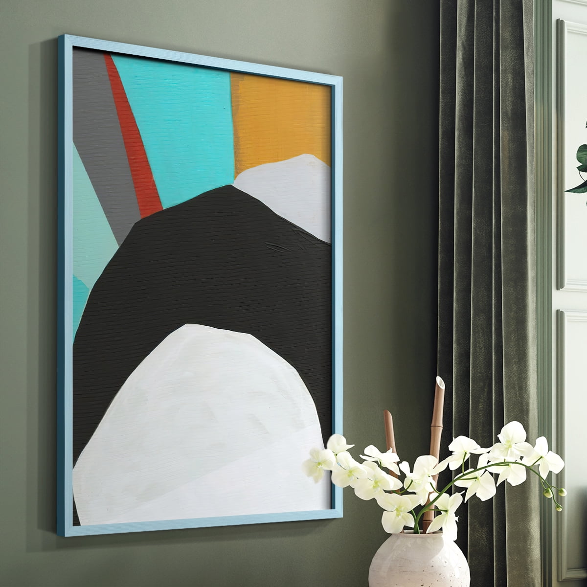 Graphica III Framed Print in Blue Solid Wood Framed Print No Nail Hanging