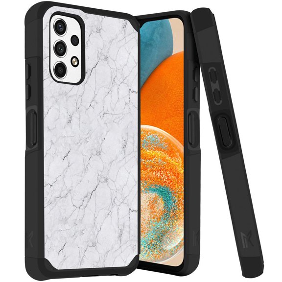 ANJ  Rugged Dual Layered Shockproof Slim Hybrid Case   Tempered Glass Cover Compatible with Samsung Galaxy A23 5G - White Marbling