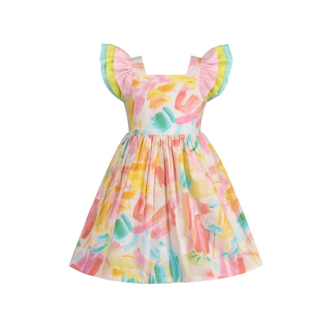 Girls Dress Rainbow Color Tie Dye Square Collar Layered Flare Sleeve 8 Years