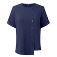 thumbnail image 4 of Riforla Women Short Sleeves T Shirt Round Neck Button Trim Irregular Hem Tee Tops Tunic Blouse T-shirts for Women Navy L, 4 of 7