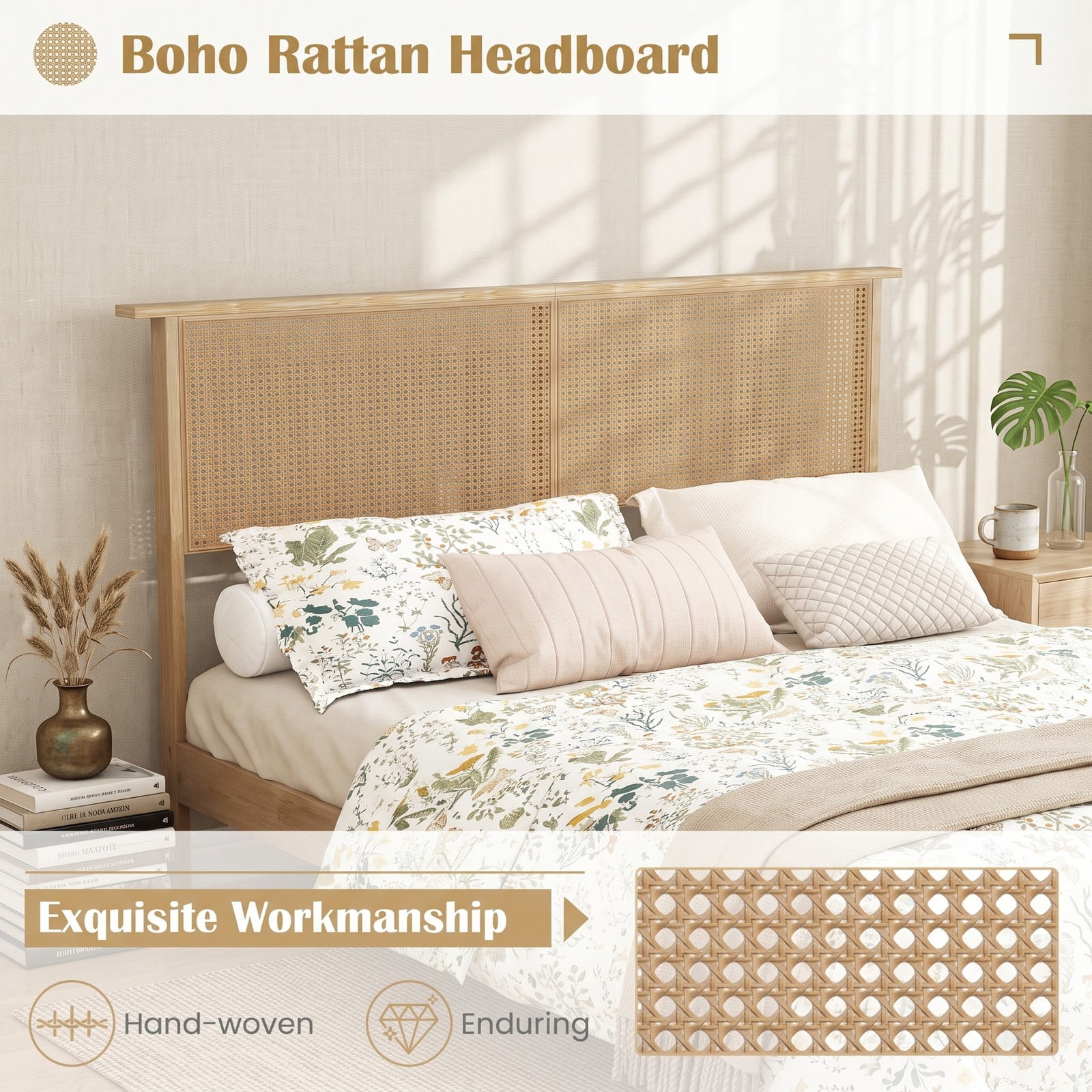 Furnibear Queen Bed Frame with Headboard, Wood Platform Bed Frame with Boho Rattan Headboard and Slat Support, No Box Spring, Natural